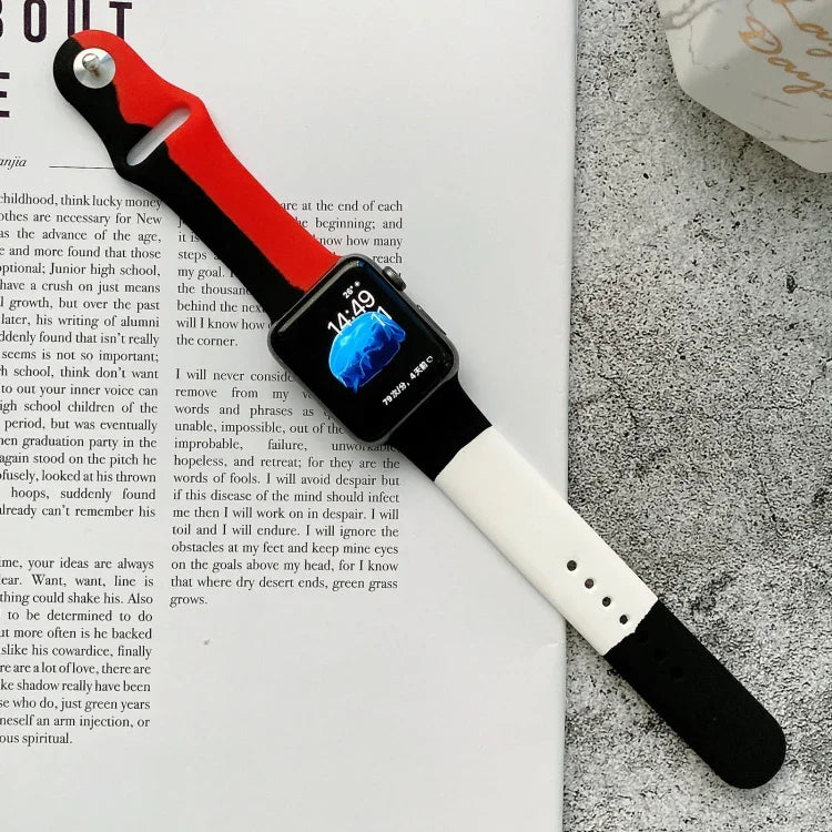 Silicone Color Matching Replacement Watchbands For Apple Watch Series 6 & SE & 5 & 4 44mm / 3 & 2 & 1 42mm, For Apple Watch 44mm/42mm(Black+Red+White), For Apple Watch 44mm/42mm(Light Blue+Dark Blue+Yellow)