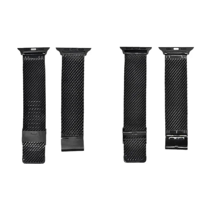 304 stainless steel apple watch band in black, featuring a breathable Milanese design for various Apple Watch sizes.
