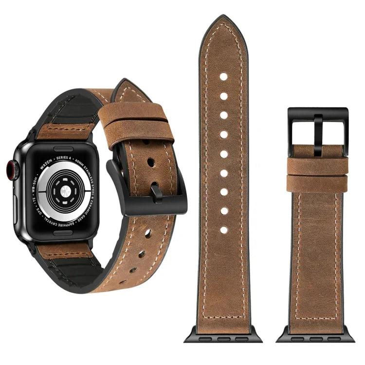 Crazy Horse Texture TPU + Stainless Steel Watch Band for Apple Watch Series 7 41mm / 6 & SE & 5 & 4 40mm / 3 & 2 & 1 38mm, 40mm