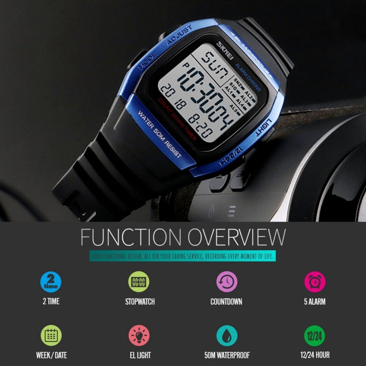 SKMEI 1278 Fashionable Outdoor 50m Waterproof Digital Watch Student Sports Wrist Watch Support 5 Group Alarm Clocks
