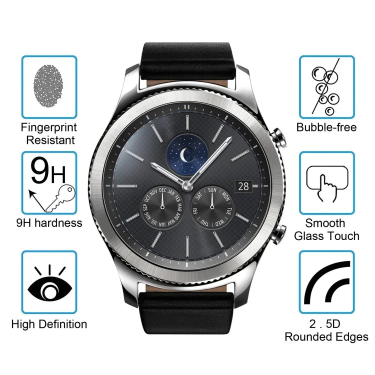 Samsung Gear S3 tempered glass screen protector showing fingerprint resistance, 9H hardness, and smooth glass touch benefits.