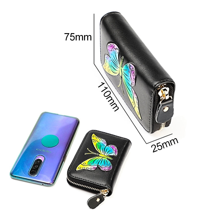 KB152 Butterfly Pattern Zipper Cowhide Leather Organ Shape Multiple Card Slots Anti-magnetic RFID Wallet for Ladies, KB152 Colour, KB152 Blue, KB152 Purple, KB152 Silver