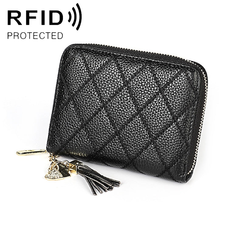 KB213 Diamond Texture Zipper Cowhide Leather Double Row Organ Shape Multiple Card Slots Anti-magnetic RFID Wallet Clutch Bag for Ladies, KB213 Black, KB213 Pink, KB213 Blue, KB213 Light Pink