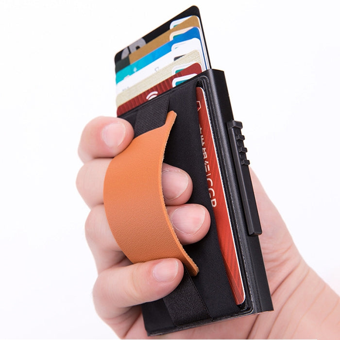 X-32C Automatically Pop-up Card Type Anti-magnetic RFID Anti-theft Men Aluminum Alloy A Dial Button Elastic Bag Wallet with PU Leather Strap, X-32C A Dial Button Black, X-32C A Dial Button  Silver