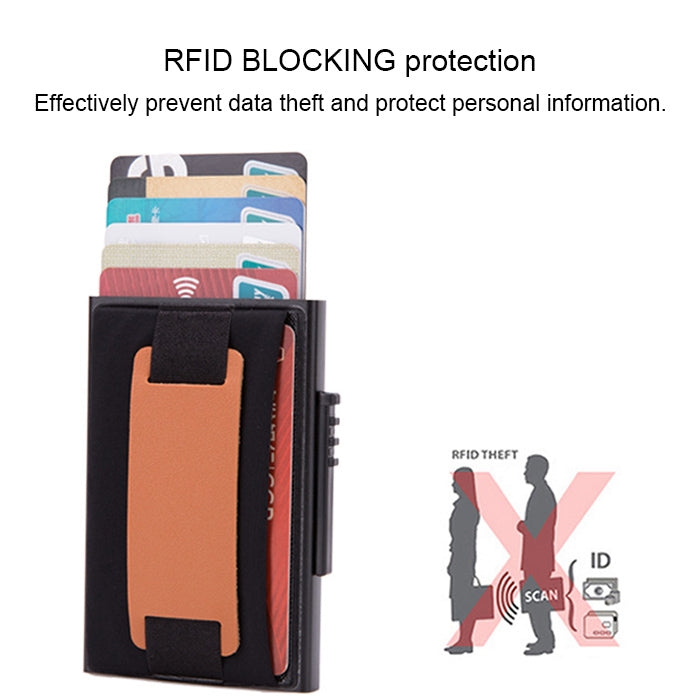 X-32C Automatically Pop-up Card Type Anti-magnetic RFID Anti-theft Men Aluminum Alloy A Dial Button Elastic Bag Wallet with PU Leather Strap, X-32C A Dial Button Black, X-32C A Dial Button  Silver