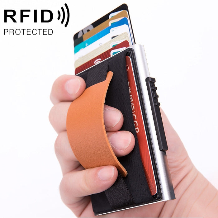 X-32C Automatically Pop-up Card Type Anti-magnetic RFID Anti-theft Men Aluminum Alloy A Dial Button Elastic Bag Wallet with PU Leather Strap, X-32C A Dial Button Black, X-32C A Dial Button  Silver