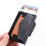 X-32C Automatically Pop-up Card Type Anti-magnetic RFID Anti-theft Men Aluminum Alloy B Dial Button Elastic Bag Wallet with PU Leather Strap, X-32C B Dial Button Black, X-32C B Dial Button Grey, X-32C B Dial Button Blue