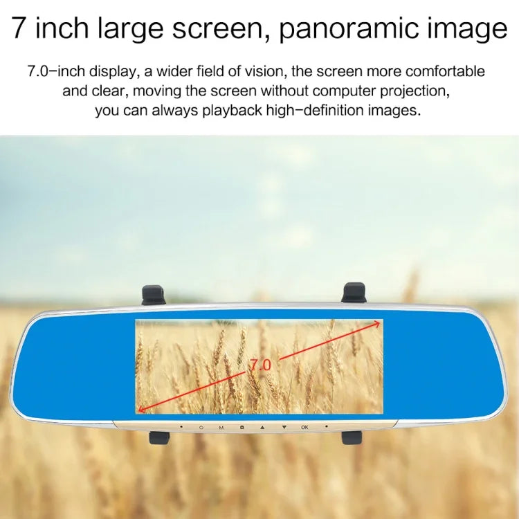 V100 7 inch LCD Touch Screen Rear View Mirror Car Recorder with Separate Camera, 170 Degree Wide Angle Viewing, Support Night Vision / Loop Video / Motion Detection / G-Sensor / TF Card, 7 inch