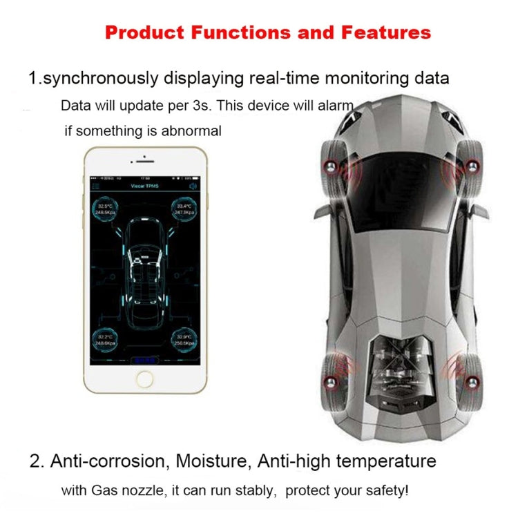 VC601 TPMS 4 Built-in Sensors Tire Pressure Monitoring Alarming System Diagnostic-tool with Bluetooth 4.0 Work on Android / iOS / iPad, VC601