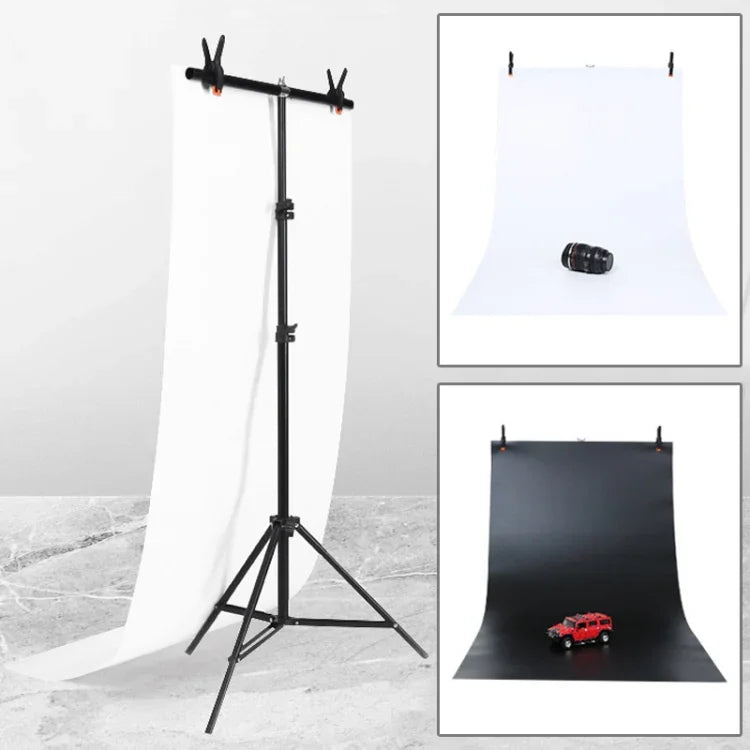70x200cm T-Shape Photo Studio Background Support Stand Backdrop Crossbar Bracket Kit with 70x140cm Black / White PVC Backdrops, 70x200cm with Backdrops
