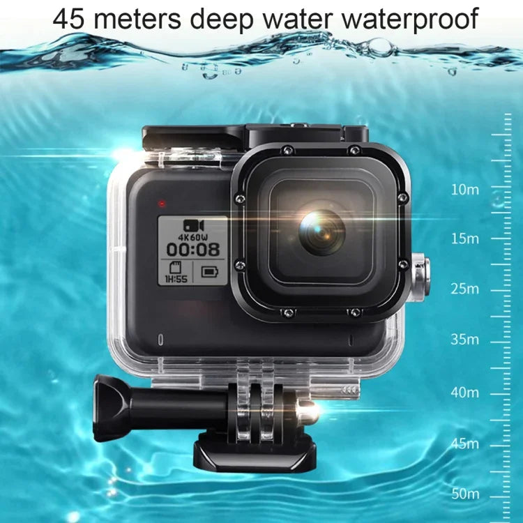 For GoPro HERO8 Black 45m Waterproof Housing Protective Case with Buckle Basic Mount & Screw & (Purple, Red, Pink) Filters & Floating Bobber Grip & Strap & Anti-Fog Inserts, Transparent HERO8 Case+Filters