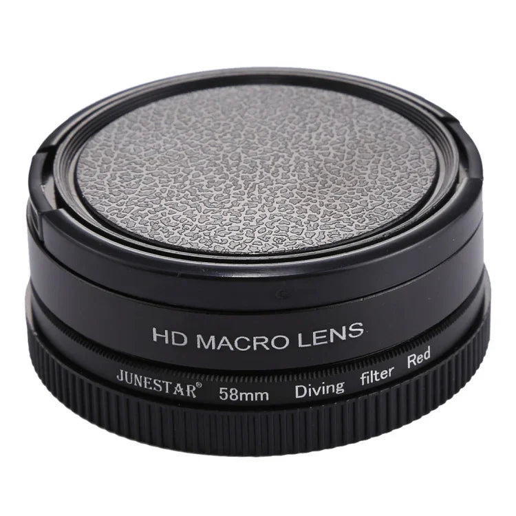 JSR 58mm 16X Macro Lens + Red Diving Lens Filter with Lens Cover + Lens Filter Ring Adapter + String + Cleaning Cloth for GoPro HERO6 /5 Dive Housing, For HERO6 /5