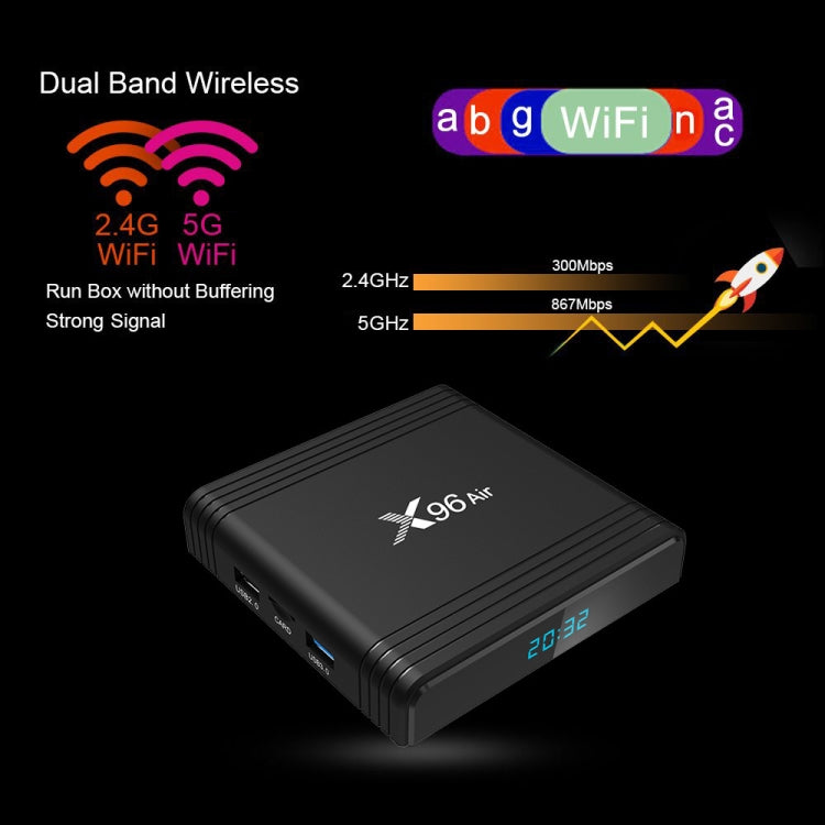 X96 Air 8K Smart TV BOX Android 9.0 Media Player with Remote Control, Quad-core Amlogic S905X3, RAM: 4GB, ROM: 64GB, Dual Band WiFi, Bluetooth, AU Plug, 4GB+64GB