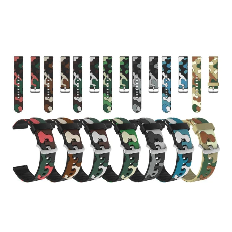 Camouflage Silicone Replacement Wrist Strap Watchband with Silver Buckle, 20mm For Samsung Galaxy Watch 3 41mm, 22mm For Samsung Galaxy Watch 3 45mm, 20mm For Samsung Galaxy Watch Active2 44mm, 20mm For Huawei Watch GT 2 42mm                           ...