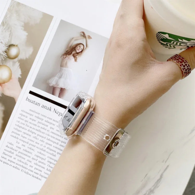 Candy color transparent TPU watchband for Apple Watch on a wrist, stylish and comfortable.