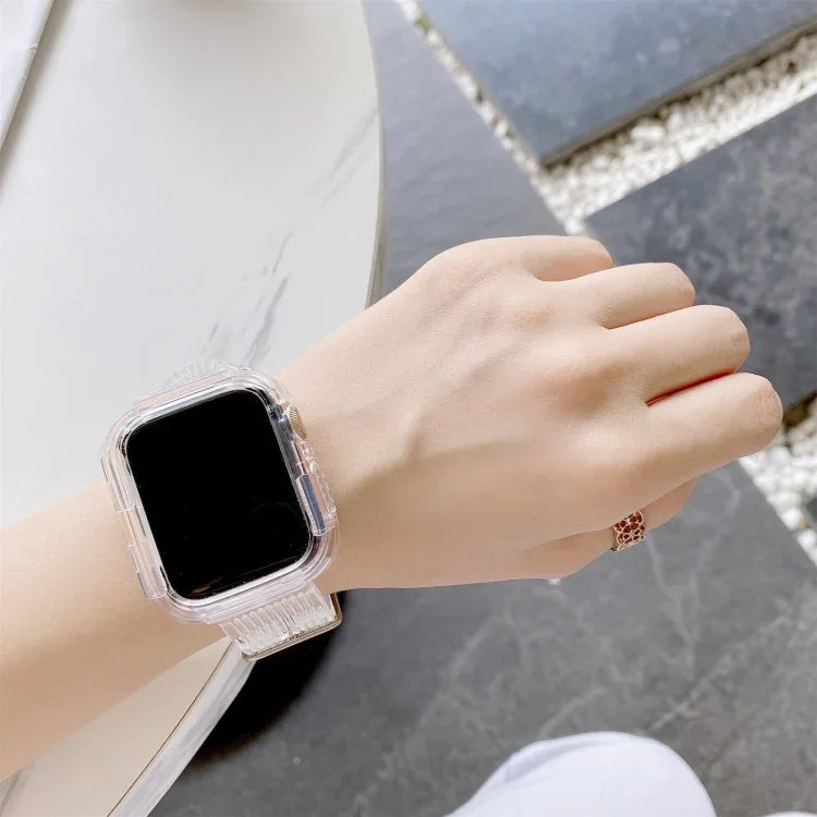 Transparent TPU watchband for Apple Watch worn on a wrist, showcasing its style and comfortable fit.