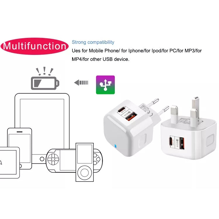 20W PD + QC 3.0 Dual Ports Travel Charger Power Adapter,, US Plug, EU Plug, UK Plug