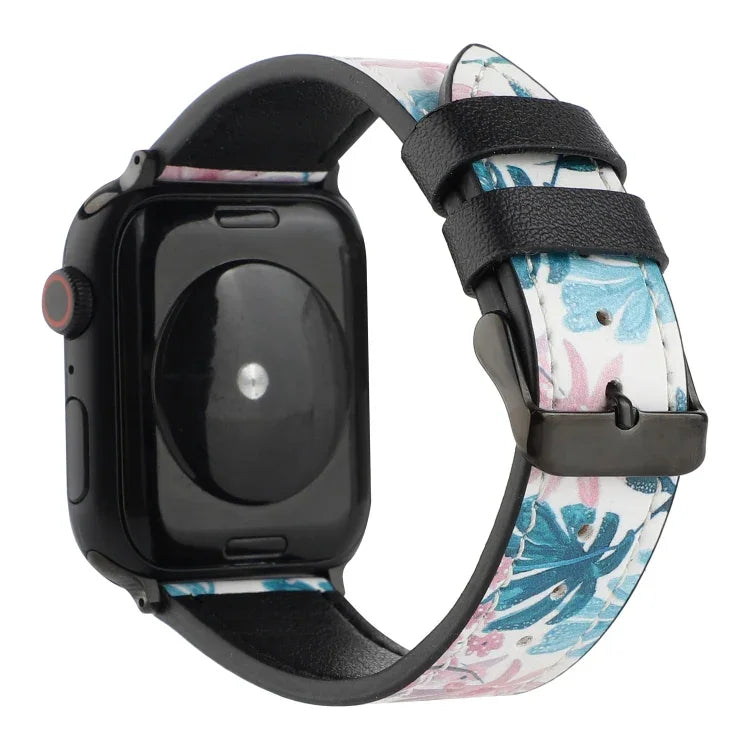 Printed Leather Watch Strap, For Apple Watch Series 7 45mm / 6 & SE & 5 & 4 44mm / 3 & 2 & 1 42mm, For Apple Watch Series 8&7 41mm / SE 2&6&SE&5&4 40mm / 3&2&1 38mm, For Apple Watch PSeries 7 41mm / 6 & SE & 5 & 4 40mm / 3 & 2 & 1 38mm                 ...