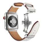 Genuine Leather + Butterfly Silver Buckle Replacement Watchbands For Apple Watch Series 6 & SE & 5 & 4 44mm / 3 & 2 & 1 42mm, Silver Buckle For Apple Watch Series 7 45mm / 6 & SE & 5 & 4 44mm / 3 & 2 & 1 42mm