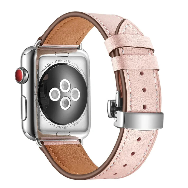 Genuine Leather + Butterfly Silver Buckle Replacement Watchbands For Apple Watch Series 6 & SE & 5 & 4 44mm / 3 & 2 & 1 42mm, Silver Buckle For Apple Watch Series 7 45mm / 6 & SE & 5 & 4 44mm / 3 & 2 & 1 42mm