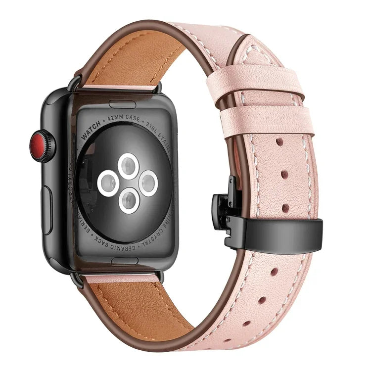 Genuine Leather + Butterfly Black Buckle Replacement Watchbands For Apple Watch Series 6 & SE & 5 & 4 40mm / 3 & 2 & 1 38mm, Black Buckle For Apple Watch Series 8&7 41mm / SE 2&6&SE&5&4 40mm / 3&2&1 38mm                                                 ...