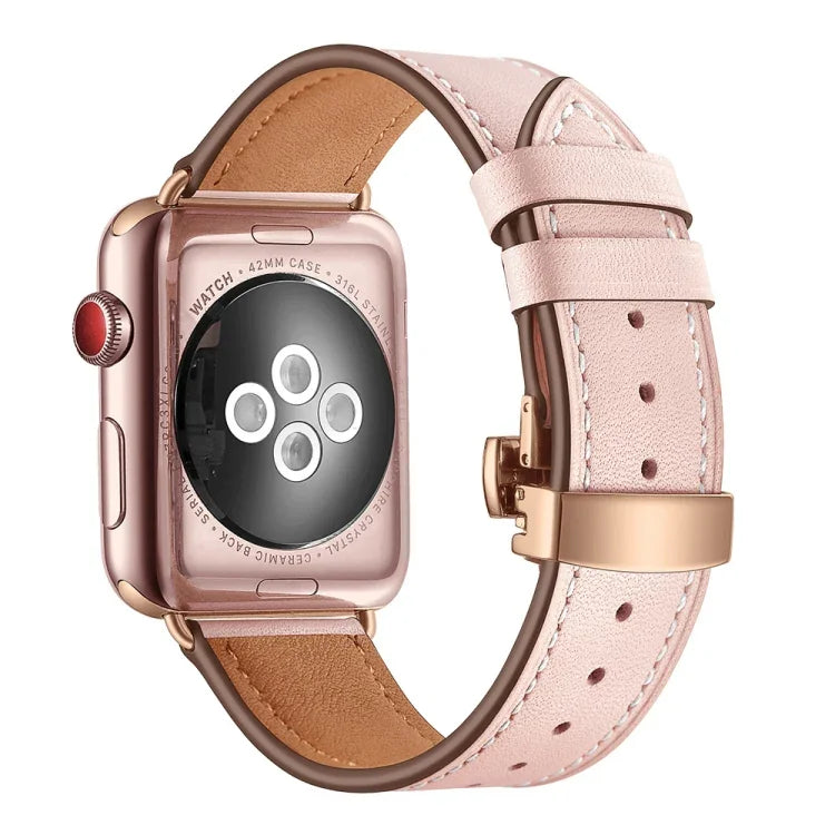 Genuine Leather + Butterfly Rose Gold Buckle Replacement Watchbands For Apple Watch Series 6 & SE & 5 & 4 40mm / 3 & 2 & 1 38mm, Rose Gold Buckle For Apple Watch Series 7 41mm / 6 & SE & 5 & 4 40mm / 3 & 2 & 1 38mm                                      ...