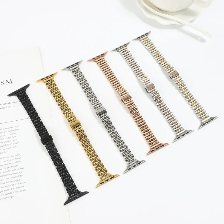 Small Waist Seven Beads Stainless Steel Strap Watchband For Apple Watch Series 6 & SE &, For Apple Watch Series 7 45mm / 6 & SE & 5 & 4 44mm / 3 & 2 & 1 42mm, For Apple Watch Series 8&7 41mm / SE 2&6&SE&5&4 40mm / 3&2&1 38mm                            ...