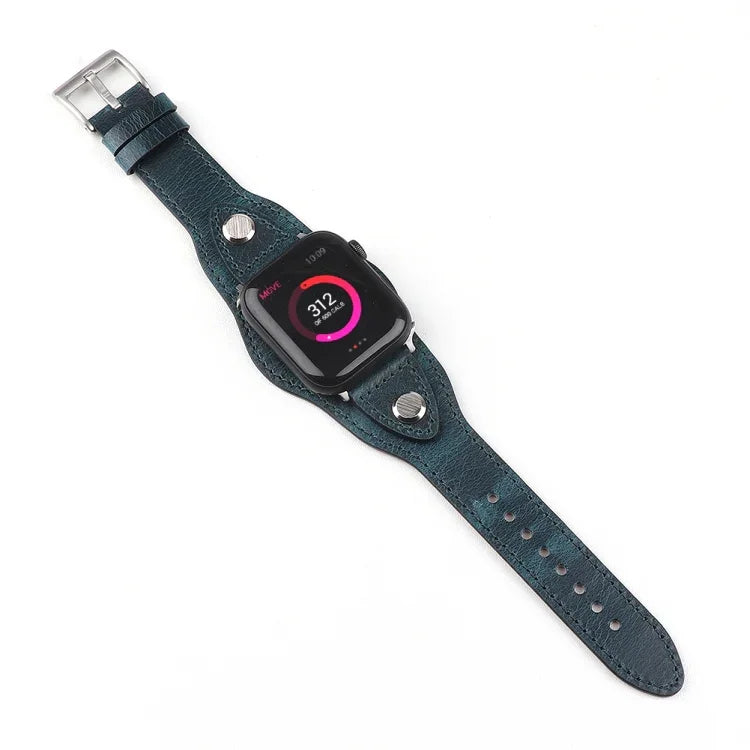 Leather replacement watchband for Apple Watch, featuring a stylish dark green strap with adjustable fit and easy installation.