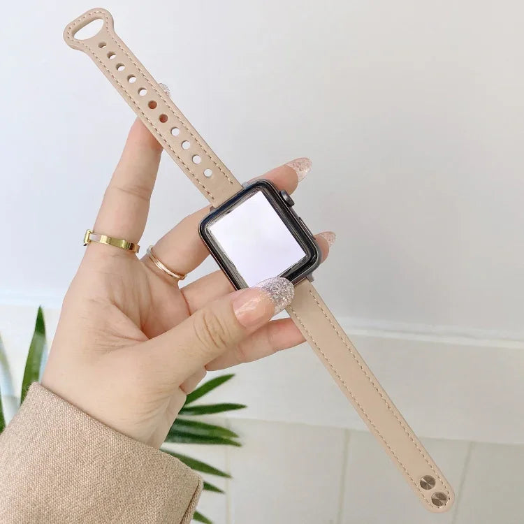 Double Studs Buckle Genuine Leather Strap Watchband For Apple Watch Series, 7 45mm / 6 & SE & 5 & 4 44mm / 3 & 2 & 1 42mm, 7 41mm / 6 & SE & 5 & 4 40mm / 3 & 2 & 1 38mm