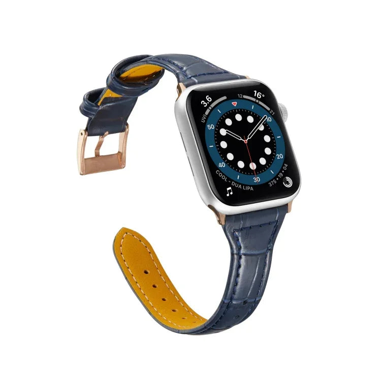 Crocodile texture leather watchband for Apple Watch on a blue strap with yellow lining.