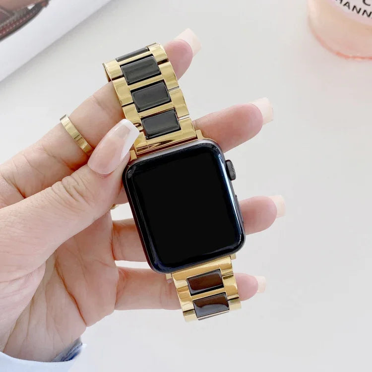 22mm Width Three Beads Ceramics Steel Replacement Strap Watchband For Apple Watch Series, 7 41mm / 6 & SE & 5 & 4 40mm / 3 & 2 & 1 38mm, 7 45mm / 6 & SE & 5 & 4 44mm / 3 & 2 & 1 42mm