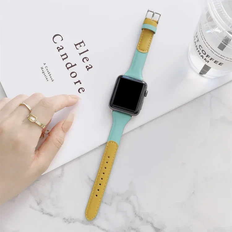 Small Waist Color Matching Leather Replacement Strap Watchband For Apple Watch Series, 7 41mm / 6 & SE & 5 & 4 40mm / 3 & 2 & 1 38mm, 7 45mm / 6 & SE & 5 & 4 44mm / 3 & 2 & 1 42mm