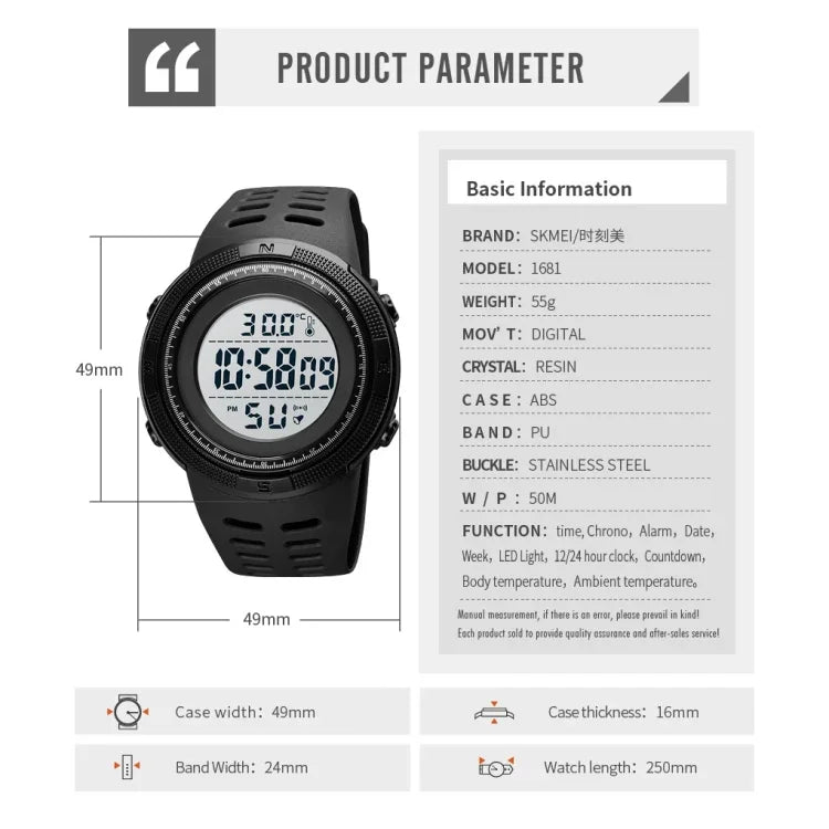 SKMEI 1681 Multifunctional LED Digital Display Luminous Electronic Watch, Support Body / Ambient Temperature Measurement