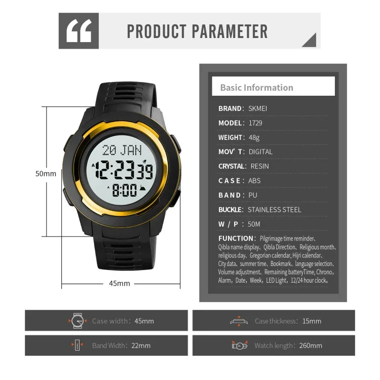 SKMEI 1729 Qibla Calendar Timing Multifunctional LED Digital Display Luminous Electronic Watch
