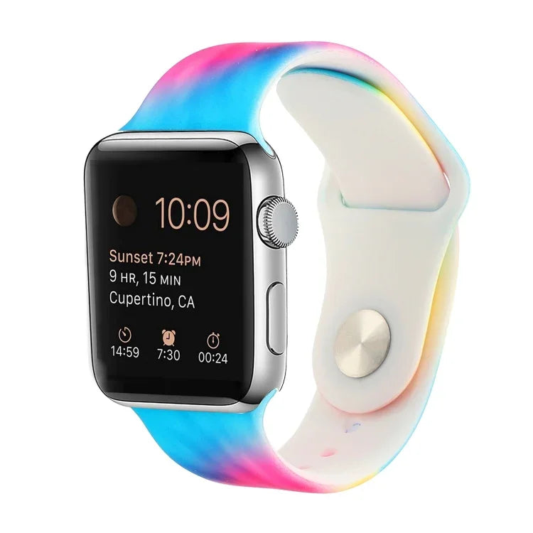 Silicone Painted Pattern Replacement Watchband For Apple Watch Series, 7 41mm / 6 & SE & 5 & 4 40mm / 3 & 2 & 1 38mm, 7 45mm / 6 & SE & 5 & 4 44mm / 3 & 2 & 1 42mm
