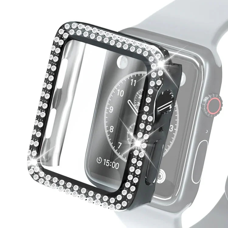 Electroplating PC Double Rows Diamond Protective Case with Tempered Glass Film For Apple Watch Series, 3 & 2 & 1 38mm, 3 & 2 & 1 42mm