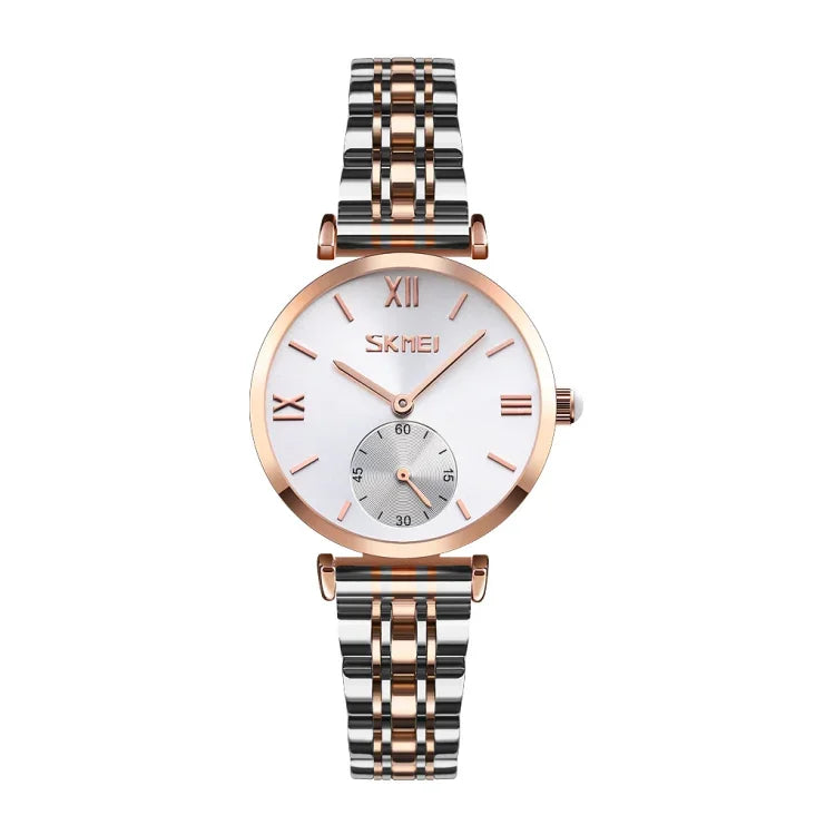 SKMEI 9198 Simple Roman Numeral Dial Metal Belt Quartz Watch for Couples