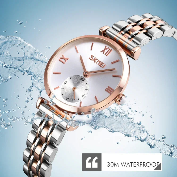 SKMEI 9198 Simple Roman Numeral Dial Metal Belt Quartz Watch for Couples