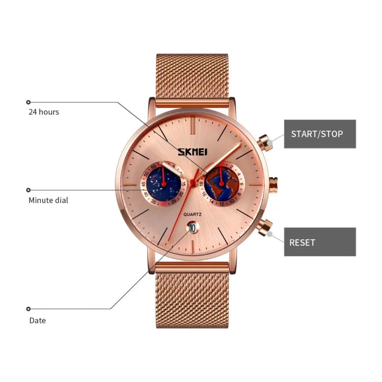 SKMEI 9231 Men Map Pattern Calendar Stopwatch Stainless Steel Strap Quartz Watch