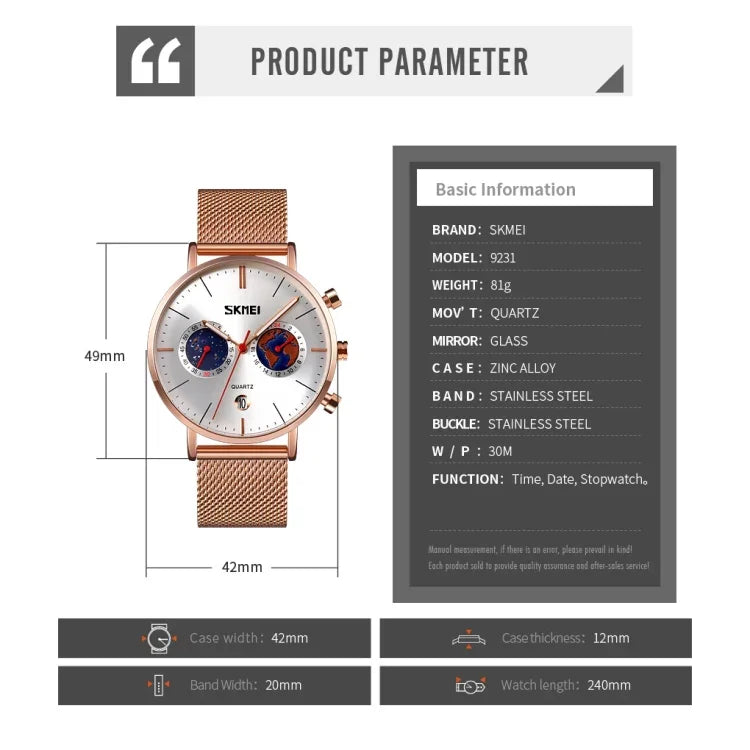 SKMEI 9231 Men Map Pattern Calendar Stopwatch Stainless Steel Strap Quartz Watch