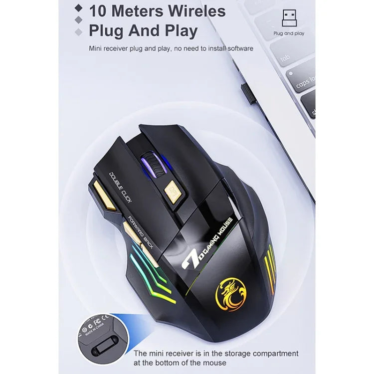 iMICE GW-X7 7-button Silent Rechargeable Wireless Gaming Mouse with Colorful RGB Lights, GW-X7 2.4G