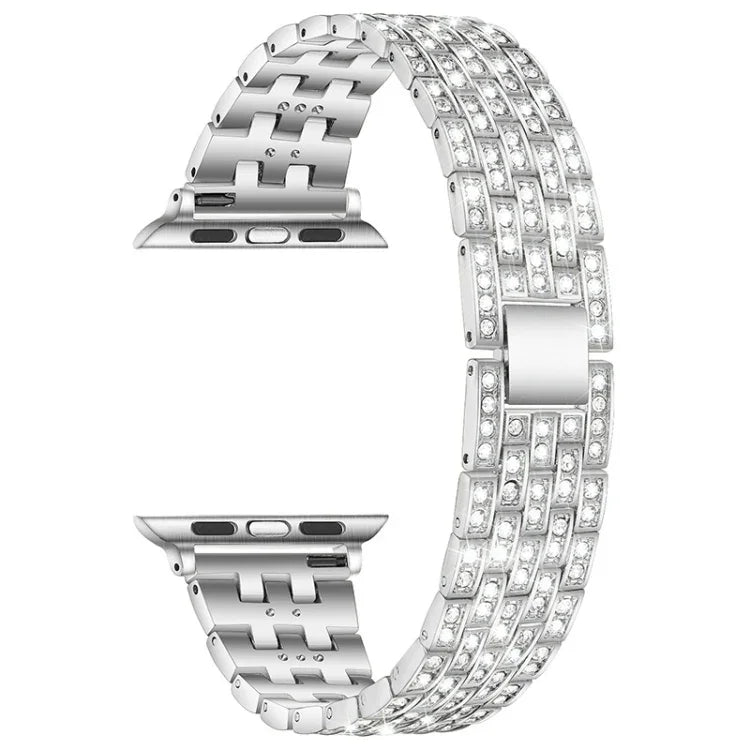 Five-beads Diamond Steel Replacement Strap Watchband For Apple Watch Series, 7 41mm / 6 & SE & 5 & 4 40mm / 3 & 2 & 1 38mm, 7 45mm / 6 & SE & 5 & 4 44mm / 3 & 2 & 1 42mm