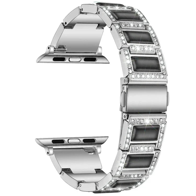 Three-beads Diamond + Gemstone Replacement Strap Watchband For Apple Watch Series, 7 41mm / 6 & SE & 5 & 4 40mm / 3 & 2 & 1 38mm, 7 45mm / 6 & SE & 5 & 4 44mm / 3 & 2 & 1 42mm