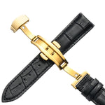 Classic Cowhide Leather Gold Butterfly Buckle Replacement Strap Watchband, 10mm, 12mm, 14mm, 16mm, 18mm, 20mm, 22mm, 24mm