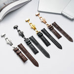 Classic Cowhide Leather Gold Butterfly Buckle Replacement Strap Watchband, 10mm, 12mm, 14mm, 16mm, 18mm, 20mm, 22mm, 24mm