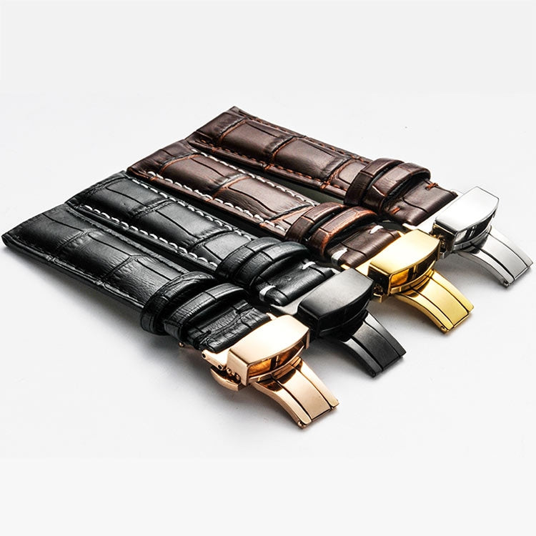 Classic Cowhide Leather Gold Butterfly Buckle Replacement Strap Watchband, 10mm, 12mm, 14mm, 16mm, 18mm, 20mm, 22mm, 24mm