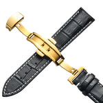 Classic Cowhide Leather Gold Butterfly Buckle Replacement Strap Watchband, 10mm, 12mm, 14mm, 16mm, 18mm, 20mm, 22mm, 24mm
