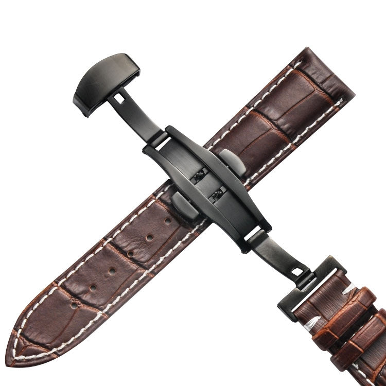 Classic Cowhide Leather Black Butterfly Buckle Replacement Strap Watchband, 10mm, 12mm, 14mm, 16mm, 18mm, 20mm, 22mm, 24mm