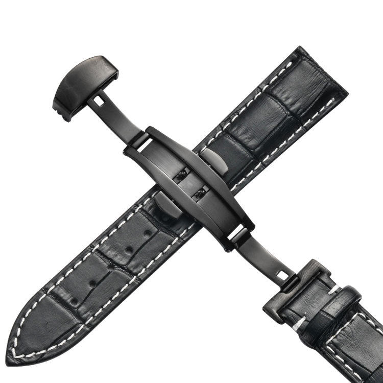 Classic Cowhide Leather Black Butterfly Buckle Replacement Strap Watchband, 10mm, 12mm, 14mm, 16mm, 18mm, 20mm, 22mm, 24mm