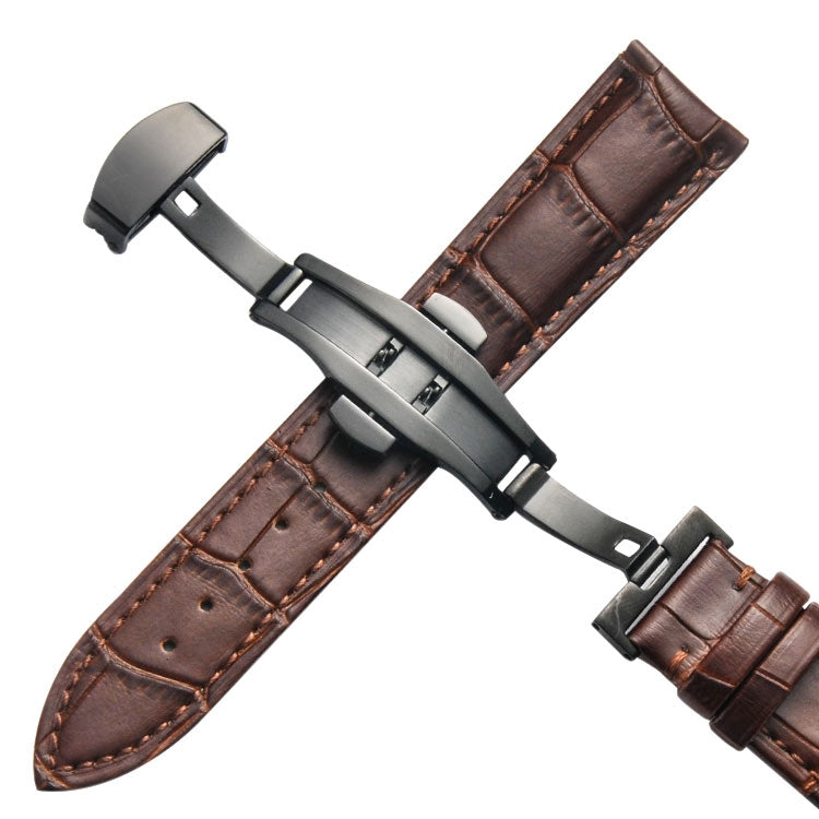 Classic Cowhide Leather Black Butterfly Buckle Replacement Strap Watchband, 10mm, 12mm, 14mm, 16mm, 18mm, 20mm, 22mm, 24mm